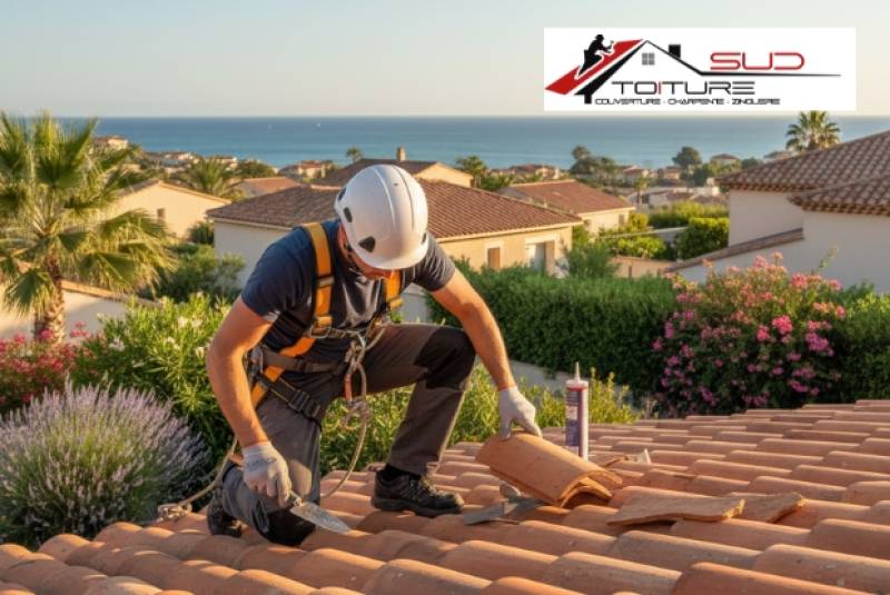 Couvreur à Canet-en-Roussillon réparant une toiture en tuiles canal typiques du Roussillon avec vue méditerranéenne.