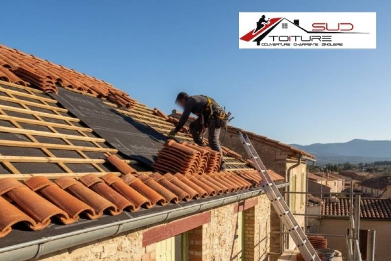 Couvreur Sud Toiture effectuant la réparation de tuiles cassées sur une maison à Saint-Estève (66)