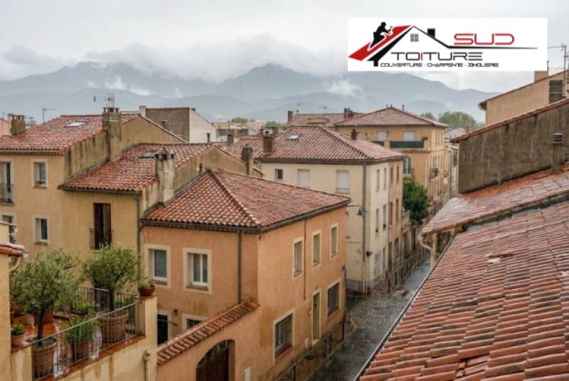 Couvreur à Perpignan inspectant une toiture après une fuite d’eau, sous la pluie, dans les Pyrénées-Orientales