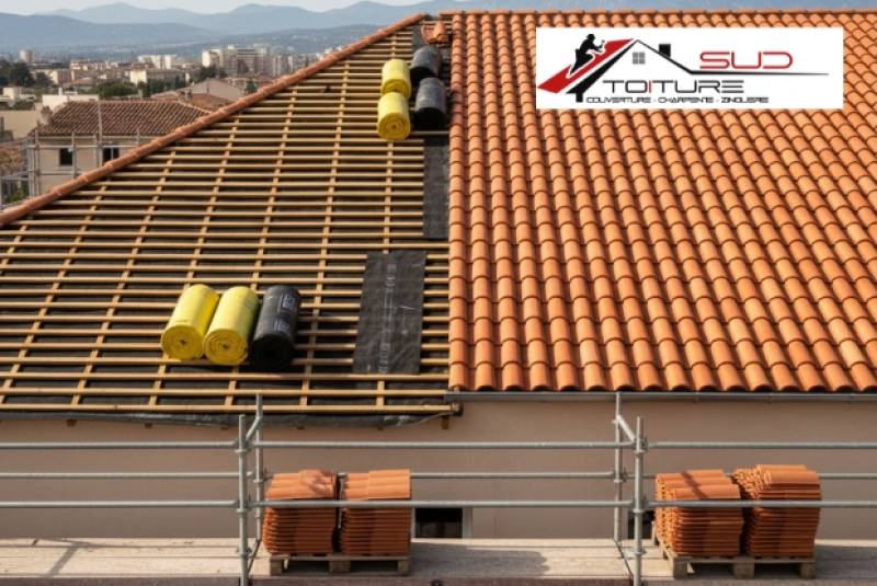 Travaux de rénovation de toiture à Perpignan montrant une moitié de toit rénovée et l’autre à nu avec charpente apparent