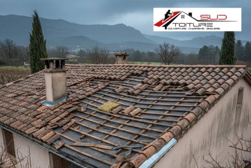 Toiture arrachée par le vent après la tempête Nils dans les Pyrénées-Orientales (66)