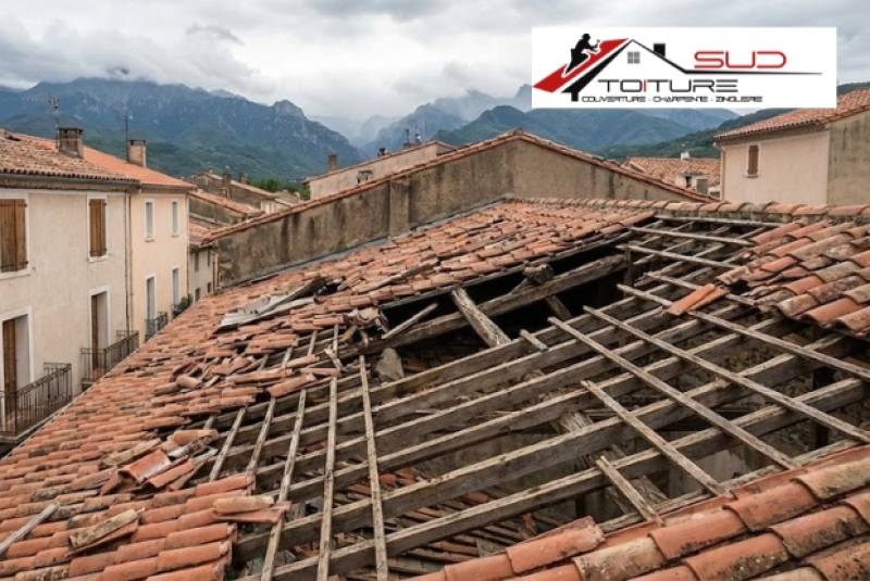 Toiture abîmée par la tramontane dans les Pyrénées-Orientales après un fort vent.